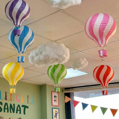 Lit Classroom Ceiling Decor Kit With 12 White Cloud Ornaments And 6 Paper Hot Air Balloon Lanterns For Classrooms