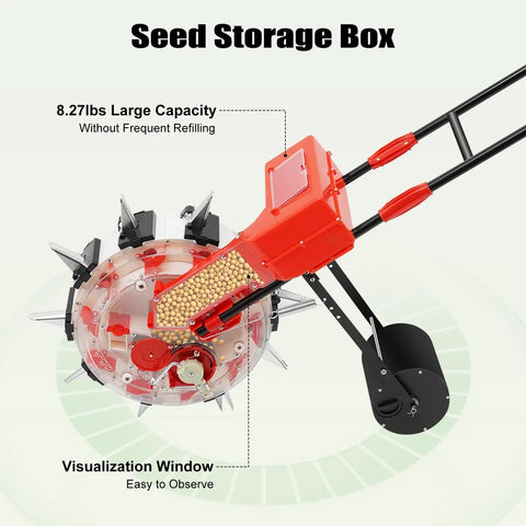 Hand Push Seeder With Equidistant Nozzles For Quantitative Sowing, featuring a seed storage box with 8.27 lbs capacity.