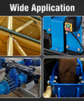 Collage showing wide application of blue industrial equipment, wooden beams, piping system, and machinery in construction and mechanical settings.