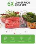 Fresh meat and vegetables shown with vacuum sealing effect highlighted, promoting 6X longer shelf life for food storage.
