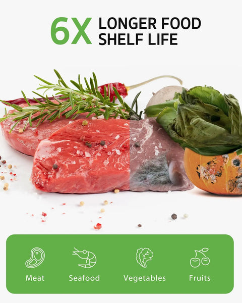 Fresh meat and vegetables shown with vacuum sealing effect highlighted, promoting 6X longer shelf life for food storage.