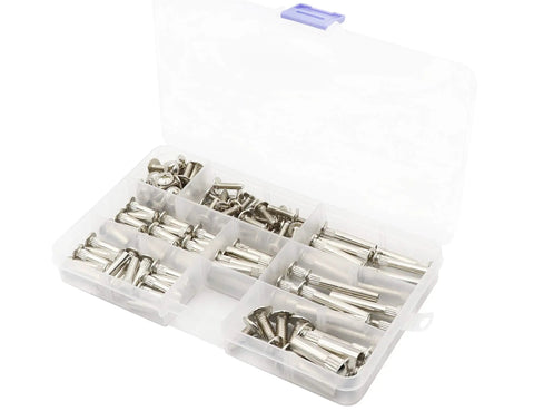 Workhorse Grade Chicago Screws And Rivet Socket Binders For Furniture Projects Nickel Plated Carbon Steel Assortment Kit in storage container.
