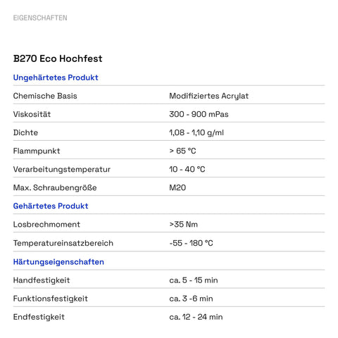 Technical specifications for B270 Eco Hochfest adhesive, including viscosity, density, flash point, and processing temperature.