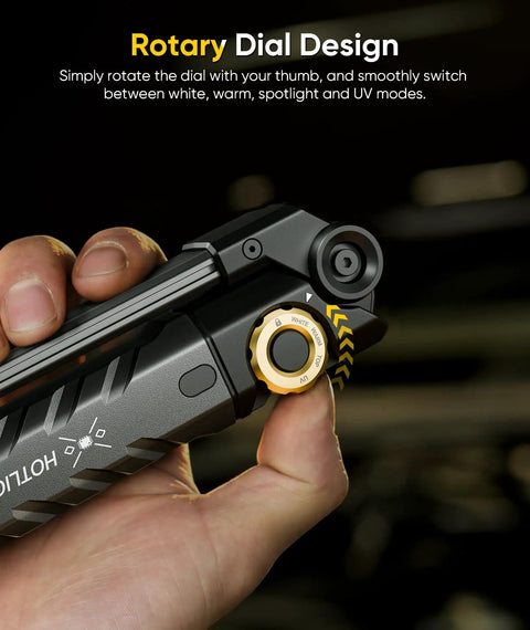 Close-up of Magnetic 1500 Lumen Rechargeable Work Light with rotary dial design for mode switching, held in hand.