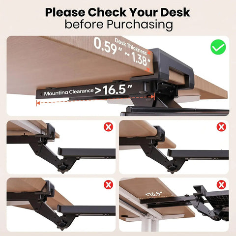 Diagram showing desk requirements for mounting Ergonomic Under Desk Keyboard Tray With Sliding Platform And Built In Wrist Rest Storage Drawer And Easy Glide Mount For Home Office And Gaming Setups Fully Adjustable Keyboard Stand 24.4 Inches Wide