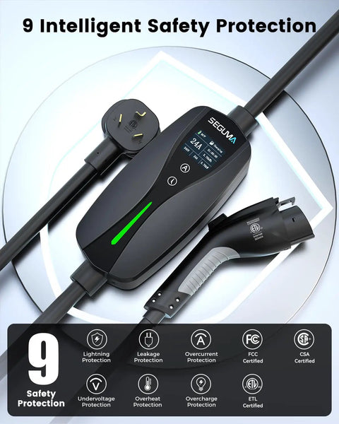 Premium Wall Mounted Level 2 EV Charger 24 Amp 240 Volt With Nema 10-30 Plug Plug And Play showcasing intelligent safety features.