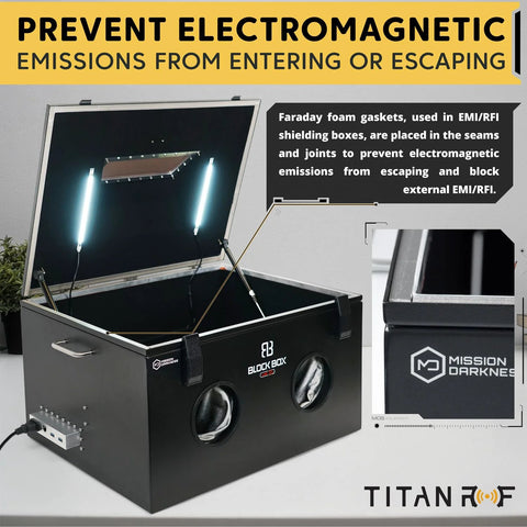TitanRF Faraday foam gasket kit in a black RF shielding enclosure with adhesive-backed conductive foam strip.
