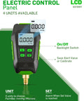 Handheld digital vacuum gauge with green trim and 1/4-inch SAE thread; dual LCD readouts and 4-button keypad.