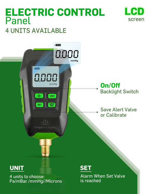Handheld digital vacuum gauge with green trim and 1/4-inch SAE thread; dual LCD readouts and 4-button keypad.
