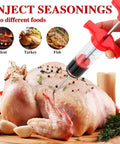 Meat Injector Syringe 1 Ounce Marinade Kit With Two Needles For BBQ Grilling Turkey Chicken Beef Juicy Flavor Infusion Easy Injections For Home Kitchen Barbecue Enthusiasts injecting marinade into raw turkey.