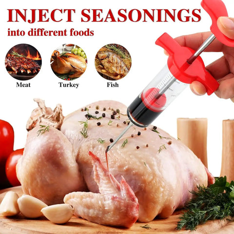 Meat Injector Syringe 1 Ounce Marinade Kit With Two Needles For BBQ Grilling Turkey Chicken Beef Juicy Flavor Infusion Easy Injections For Home Kitchen Barbecue Enthusiasts injecting marinade into raw turkey.