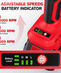 Display showing 3 adjustable speeds and battery level indicator for Killer Cordless Angle Grinder Powered By A Beefy Brushless Motor Cranking 12000 Rpm.