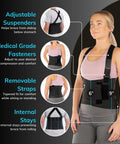 Woman wearing work back support belt for pain relief and heavy lifting safety with removable shoulder straps, industrial grade lower back brace.