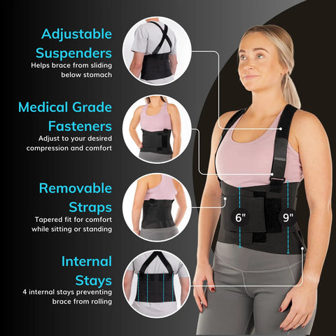 Woman wearing work back support belt for pain relief and heavy lifting safety with removable shoulder straps, industrial grade lower back brace.
