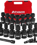 Heavy Duty 18-Piece One-Half Inch Drive Shallow Universal Impact Socket Set With Swivel And Flexible Wobble, 6-Point Metric 10-24 mm