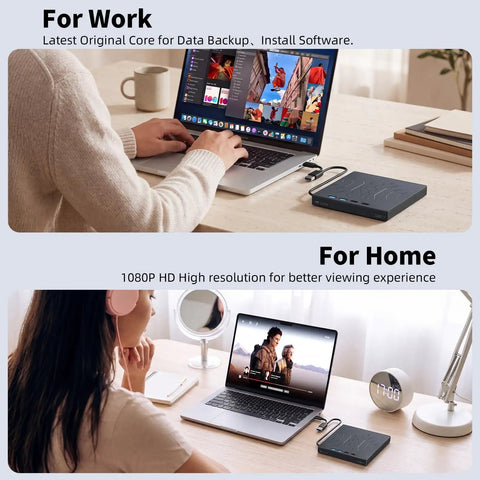 External Blu Ray Drive With 100GB Disc Read Write And 3D Blu Ray Burner Plug And Play Ready Reads Blu Ray At Up To 6X And DVDs At Up To 8X Perfect For Massive Backups Media Archiving And High Quality 3D Blu Ray Playback used with laptop at desk