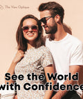 The View Optique sunglasses worn by a couple against a peach wall; logo visible at the top left.