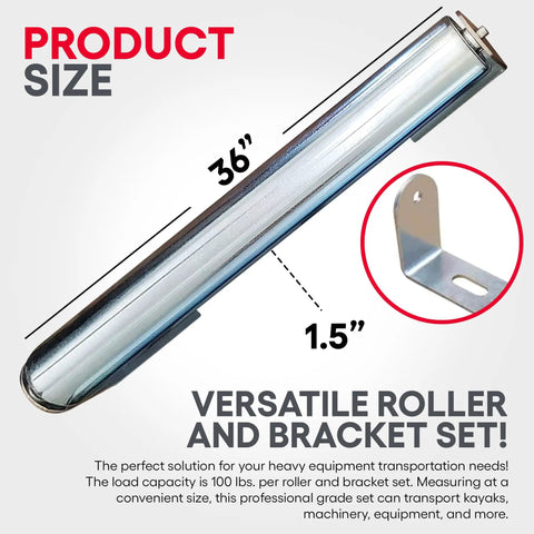 Galvanized Steel Roller With Bracket Set For Conveyor Systems And Woodworking Projects Pro Grade Built To Last 1.5 Inch Diameter 36 Inch Length Rollers 2 Pack showing dimensions