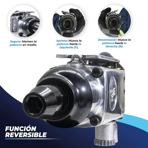 Butterfly Style Pneumatic Impact Wrench With Three Eighth Inch Drive And One Hundred Foot Pound Torque compact air tool close-up view with reverse function.
