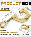 Beefy Heavy Duty 3 Ton 2 Way Auto Body Dent Puller Clamp Set Galvanized Steel Frame Clamps with Self Tightening Grip and Adjustable Threaded Rod for Trucks Cars and RVs 2 Pack, showing clamp measurements and structure.