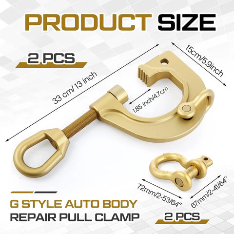 Beefy Heavy Duty 3 Ton 2 Way Auto Body Dent Puller Clamp Set Galvanized Steel Frame Clamps with Self Tightening Grip and Adjustable Threaded Rod for Trucks Cars and RVs 2 Pack, showing clamp measurements and structure.