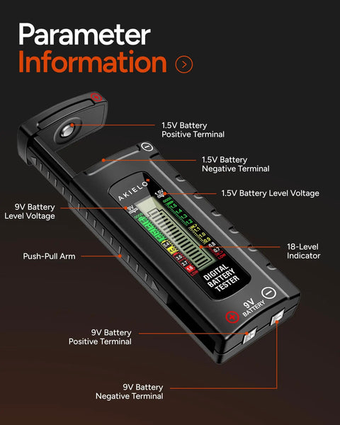 Universal Battery Tester With Clear LCD Readout No Battery Needed For AA AAA C D 9V And Button Cells Quick 18 Level Power Check For Household Devices And Rechargers., black plastic digital battery tester with LCD and terminal labels