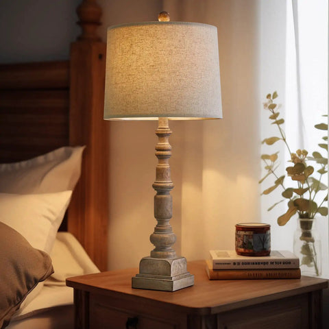 Vintage Farmhouse USB Table Lamps Set Of 2, 27.75 Inch Resin Bedside Nightstand Lamps With Dual USB Ports And Rotary Switch, Dope Vintage Vibe For Living Room And Bedroom Decor