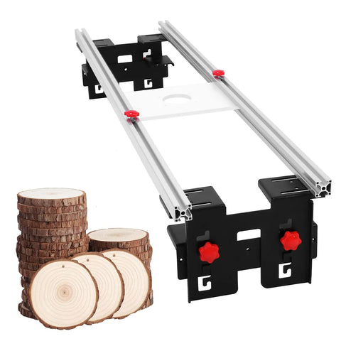 48 Inch Precision Planer Trolley Kit With Reinforced Rails And Router Flattening Sled System Three Axis Height Adjustment For Accurate Home Woodworking Projects Heavy Duty Aluminum Build For Consistent Pro Grade Results on white background next to wood slices