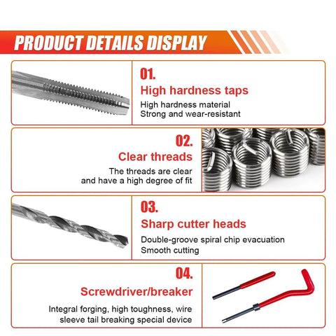 Product details display of M6 x 1.0mm Thread Repair Insert Kit with stainless steel helicoil inserts, showing tap and drill tools.