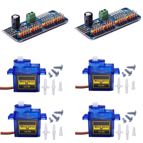 2-Pack PCA9685 PWM Servo Driver I2C Module With 12-Bit Resolution, 5-10V Power, 4 SG90 Micro Servos, screws included