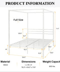 Full Size Canopy Bed Frame with Heavy Duty Metal Slats in White Four-Poster Style dimensions and construction details.