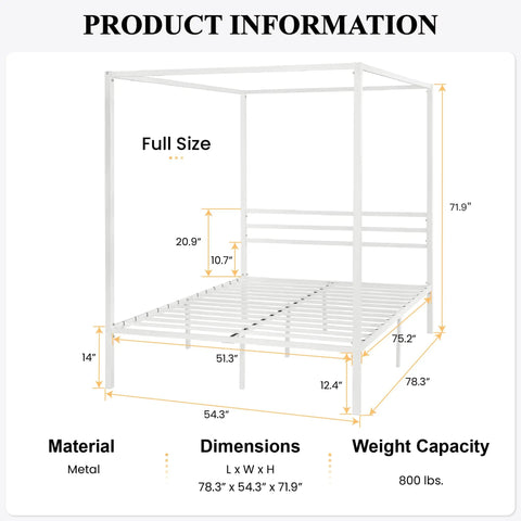 Full Size Canopy Bed Frame with Heavy Duty Metal Slats in White Four-Poster Style dimensions and construction details.