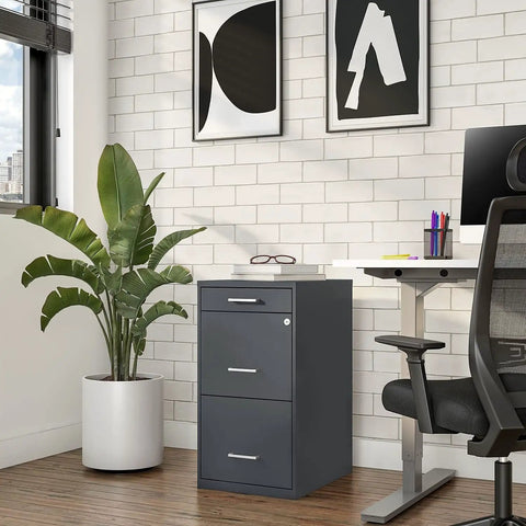 Three Drawer Vertical File Cabinet for Office Lockable and Mobile Holds Letter Size Documents Charcoal Steel Organizer.