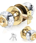 Gold Crystal Door Knobs With Privacy Lock And Keys For Interior Doors Snazzy Diamond Classic Glass Door Knobs For Bedroom Bathroom Closet Or Hallway Gold Finish 1 Pack, showing diamond glass knob and keys.