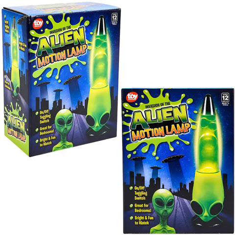 13 Inch Alien Head Wax Motion Lamp With Swirling Color Lights, A Dope, Quirky Home Decor Piece in vibrant packaging on display