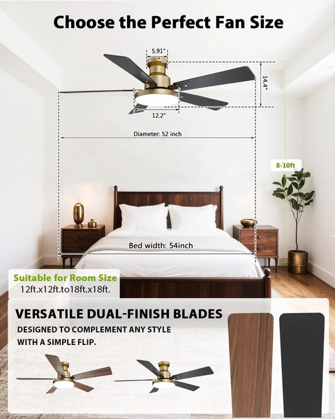 52 inch gold ceiling fan with dual-finish blades in bedroom, dimensions and design details shown, Straight Up Stunning 52 Inch Low Profile Gold Ceiling Fan With Huge LED Light Panel Plus Smart App Remote Control For A Total Room Refresh Plus Chill Ambiance.