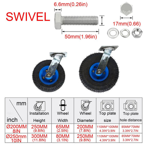 Heavy Duty Industrial Caster Wheels Pack With Brakes, Top Plate Swivel Casters With Double Ball Bearings size chart