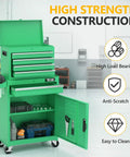 Built Tough Five Drawer Rolling Tool Chest With Lockable Heavy Duty Casters And Detachable Work Surface Plus Roomy Bottom Cabinet and Adjustable Metal Shelf For Mechanics And Garage Shops, green color, showing drawers and open cabinet.