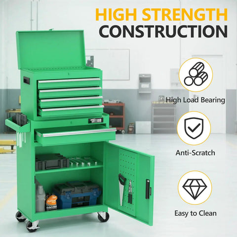 Built Tough Five Drawer Rolling Tool Chest With Lockable Heavy Duty Casters And Detachable Work Surface Plus Roomy Bottom Cabinet and Adjustable Metal Shelf For Mechanics And Garage Shops, green color, showing drawers and open cabinet.