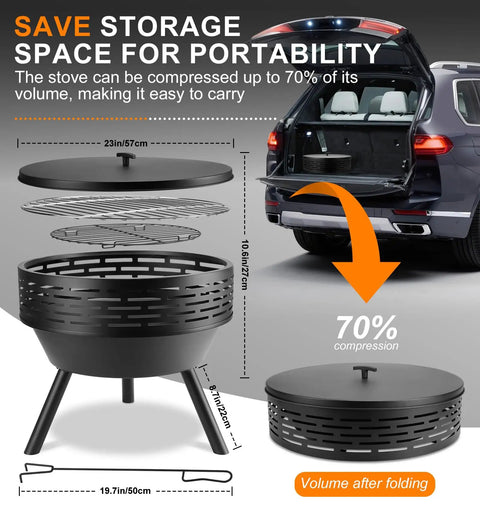 23 Inch Cast Iron Round Fire Pit With Grill And Flat Lid 3 In 1 Outdoor Fire Bowl Table next to car for portability