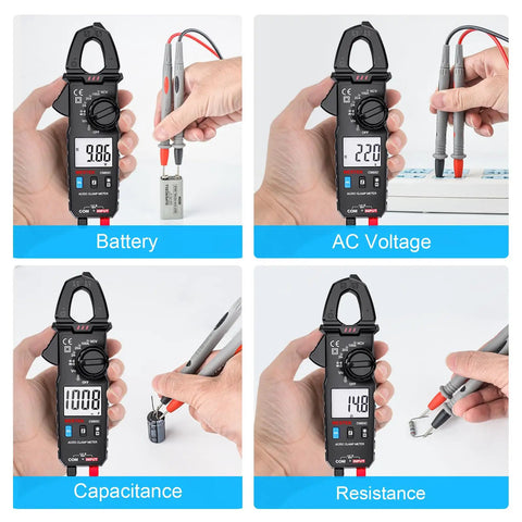 Digital Clamp Meter Multimeter with True RMS Auto Ranging 100A 600V Measures AC DC Current and Voltage Temperature Capacitance Resistance Diodes Continuity Frequency and Duty Cycle for Dope Troubleshooting in use for battery, AC voltage, capacitance, and resistance testing.