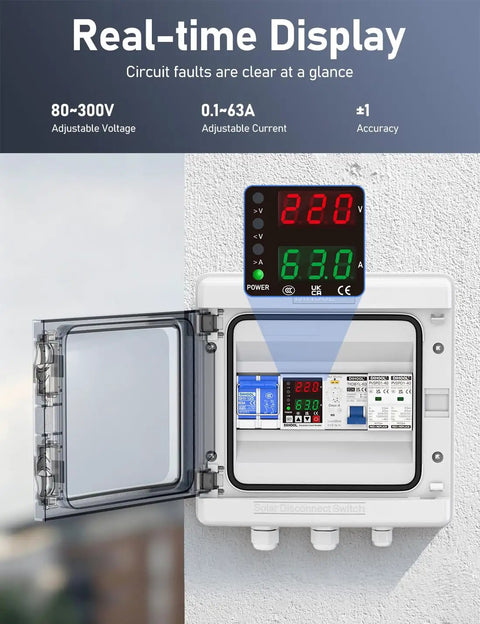 Smart Circuit Breaker With Adjustable Voltage Protection 70-200V Low Cutoff, 140-300V High Cutoff, 1-63A installed inside panel