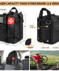 Front and side view of black survival kit bag with MOLLE system, red medical patch, and double zippers.