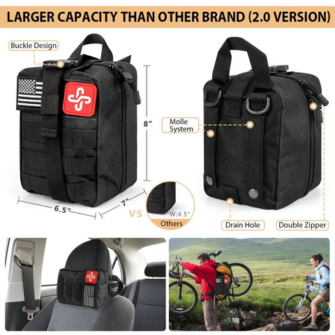 Front and side view of black survival kit bag with MOLLE system, red medical patch, and double zippers.