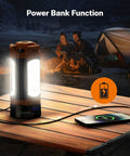 Rechargeable 10000mAh Camping Light with stand used as power bank on table, illuminating campsite at night, two people in background