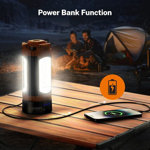 Rechargeable 10000mAh Camping Light with stand used as power bank on table, illuminating campsite at night, two people in background