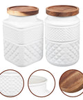 Solid Matte White Glass Food Storage Canisters Set Of Two 1800 Ml Airtight Kitchen Jars With Secure Tight Seals, featuring wooden lids.