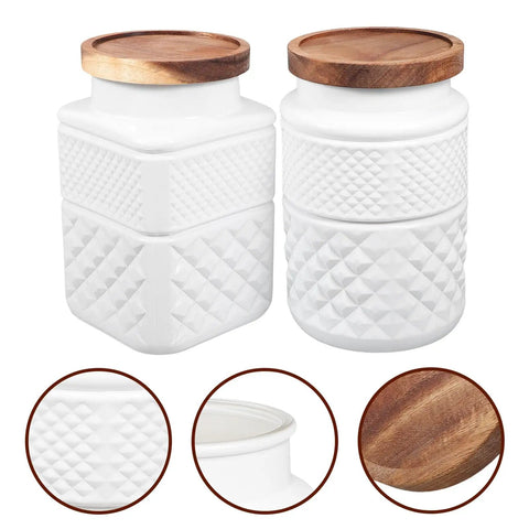 Solid Matte White Glass Food Storage Canisters Set Of Two 1800 Ml Airtight Kitchen Jars With Secure Tight Seals, featuring wooden lids.