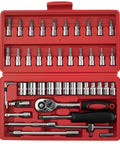 One Quarter Drive 46 Piece Carbon Steel Ratchet Socket Set Wrench Tool Kit Bits For Home Garage And DIY Car Repairs in open red case
