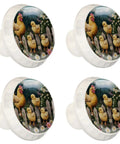 4 Pack White Dresser Knobs Set With Flower And Chicken Fence Patterns, featuring decorative chicken and flower accents